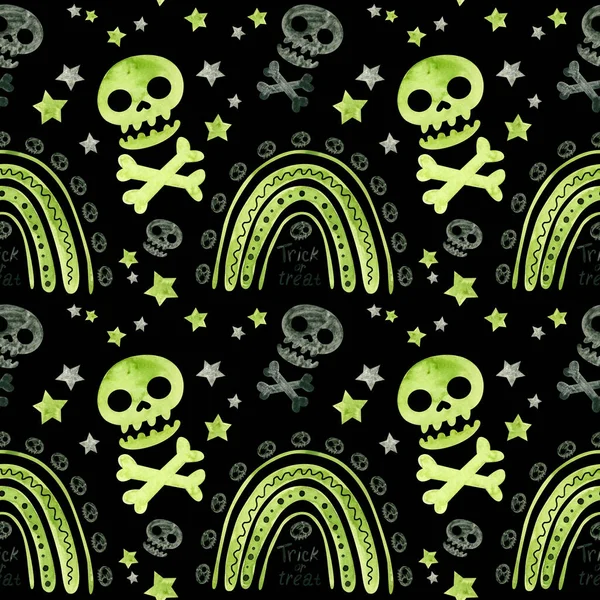 Halloween Bezešvý Vzor Zelenými Duhami Lebkami Strašidelné Digitální Scrapbooking Papíru — Stock fotografie