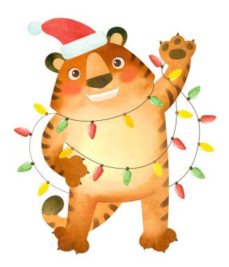 Yeni yıl şapkalı kaplan ve çelenk. 2022 yılının sembolü..