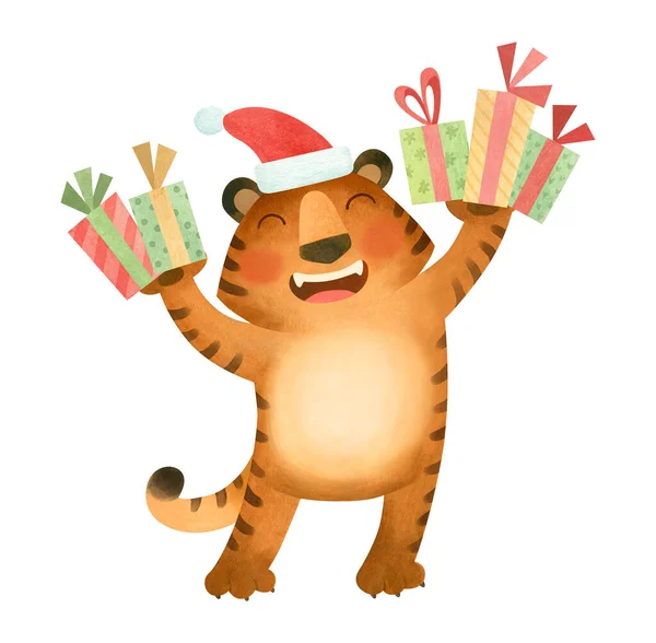 Τίγρης Καπέλο Της Πρωτοχρονιάς Χαμογελάει Και Κρατάει Δώρα Σύμβολο Του — Φωτογραφία Αρχείου