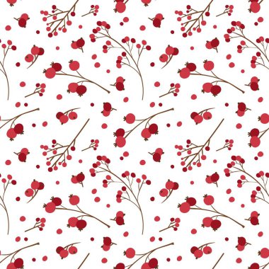 Noel aralıksız ve böğürtlenli. Geleneksel kış botanik dekoru. Beyaz arkaplanda kırmızı dutlar