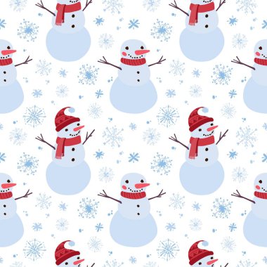 Kardan adamların ve kar tanelerinin olduğu kusursuz bir Noel deseni. Beyaz arkaplan üzerine tatil dijital kağıdı