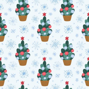 Noel ağacı ve kar taneleriyle kusursuz bir tatil. Geleneksel kış sezonu dekorasyonu. Açık mavi arkaplan üzerine dijital kağıt