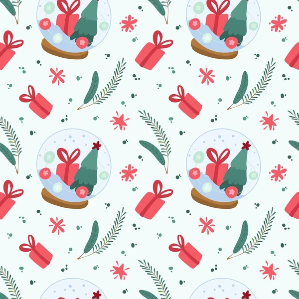 クリスマスの雪玉とトウヒの枝と休日のシームレスなパターン 伝統的な冬の季節の装飾 ライトブルーの背景にクリスマスデジタルペーパー — ストックベクタ
