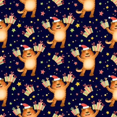 Kusursuz desenli, hediyeli Noel şapkalı kaplanlar. 2022 yılının sembolü..