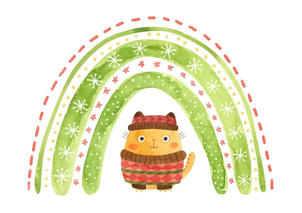 Acquerello Arcobaleno Natale Con Fiocchi Neve Stelle Gatto Maglione Cappello — Foto Stock
