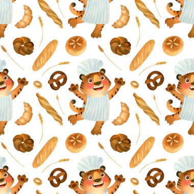 Kusursuz desenli, pişmiş yiyeceklerle çevrili şirin kaplan şefi. Şef şapkası ve önlüğü takmış komik bir karakter. Fırın arka planı