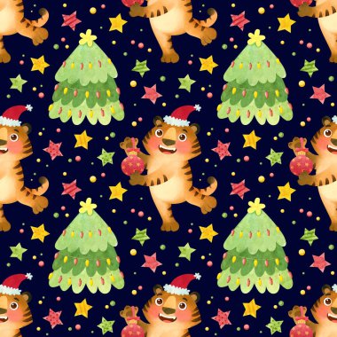 Kusursuz desenli Noel Baba şapkalı kaplan gülümsüyor ve Noel ağacı oyuncağı tutuyor. 2022 yılının sembolü. Komik kış geçmişi