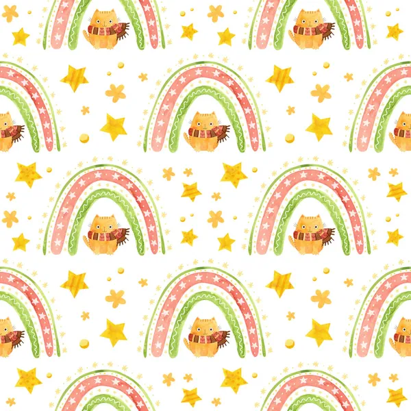 Seamless Pattern Christmas Rainbow Stars Cute Cat Winter Scarf Holiday — Stock Photo, Image