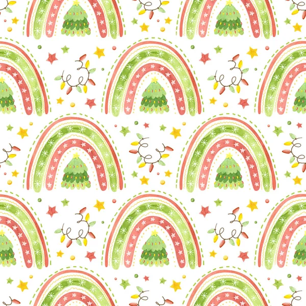 Seamless Pattern Rainbows Christmas Trees Garlands Holiday Digital Paper White — Stock Photo, Image