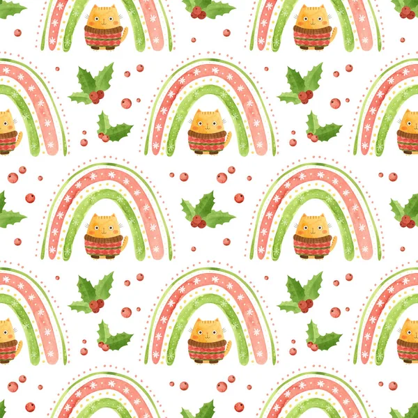 Seamless Pattern Christmas Rainbow Holly Leaves Cute Cat Winter Sweater — Stock Photo, Image