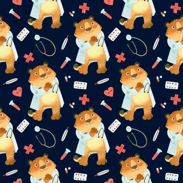 Seamless pattern, Tiger in a doctor's coat with a stethoscope. The symbol of the new year 2022.