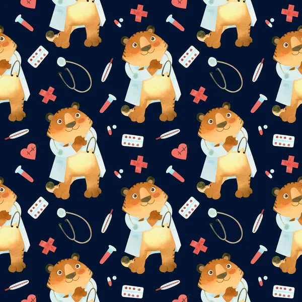 Seamless pattern, Tiger in a doctor\'s coat with a stethoscope. The symbol of the new year 2022.