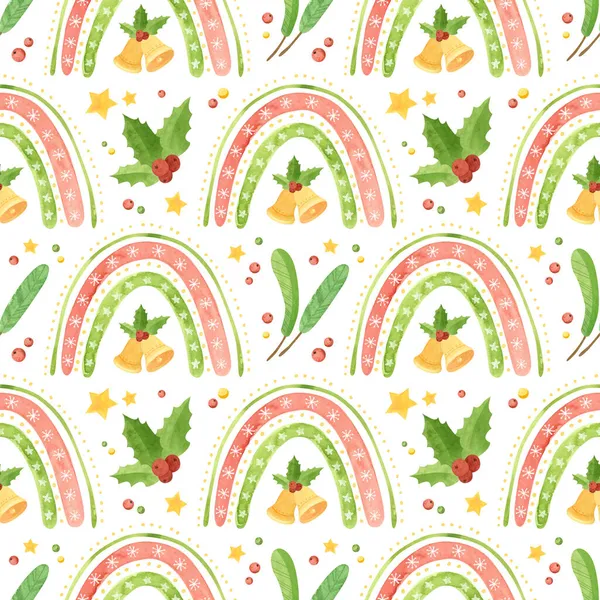 Christmas Seamless Pattern Rainbows Jingle Bells Holly Leaves Spruce Branches — Stock Photo, Image