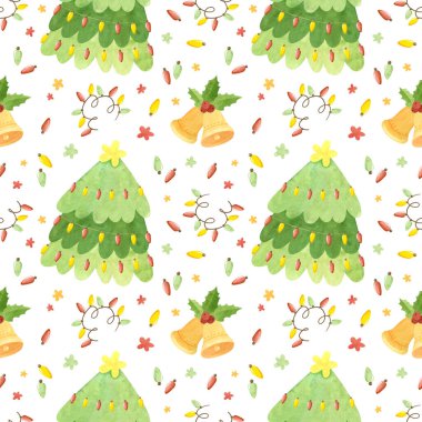Noel ağaçları, Noel çanları, kutsal yapraklar ve çelenklerle kusursuz desen. Beyaz arkaplanda tatil dijital kağıdı.