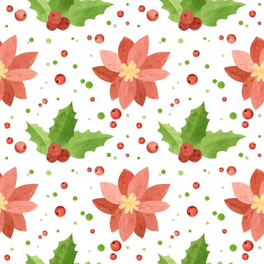 Noel desensiz, noktalı çiçekler ve kutsal yapraklarla. Beyaz arkaplanda tatil dijital kağıdı.