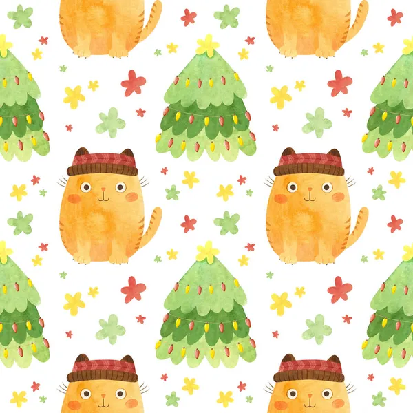 无缝隙图案圣诞树和可爱的猫与可爱的冬季帽子 白色背景的假日数码纸 — 图库照片
