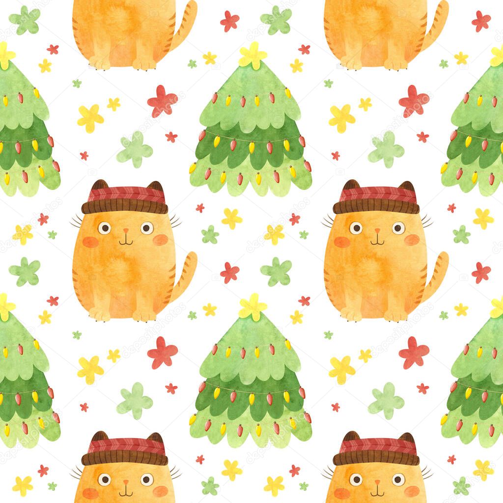 Seamless pattern with Christmas trees and cute cats with cute winter hats. Holiday digital paper on a white background.