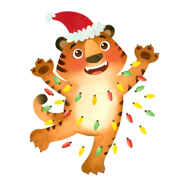 Happy Tiger Santa Hat Garlands Symbol New Year 2022 — Stock Photo, Image