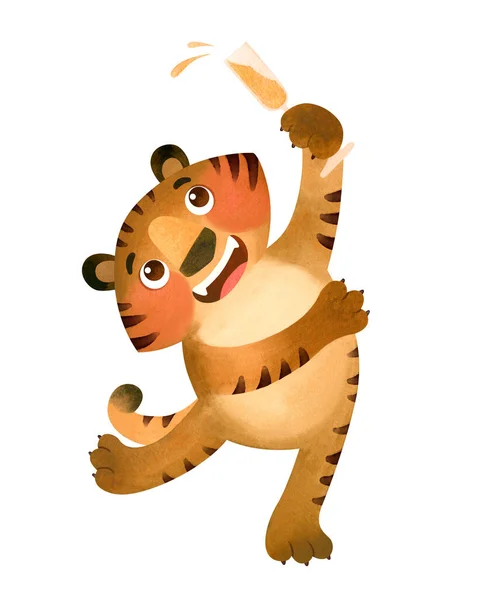 Szczęśliwego Tygrysa Tańczącego Szklanką Szampana Symbol Nowego Roku 2022 — Zdjęcie stockowe