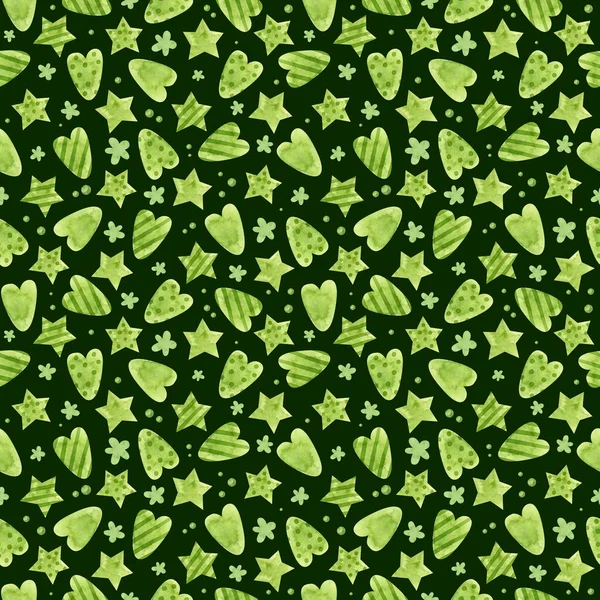 Holiday Seamless Pattern Green Christmas Stars Hearts — Stock Photo, Image