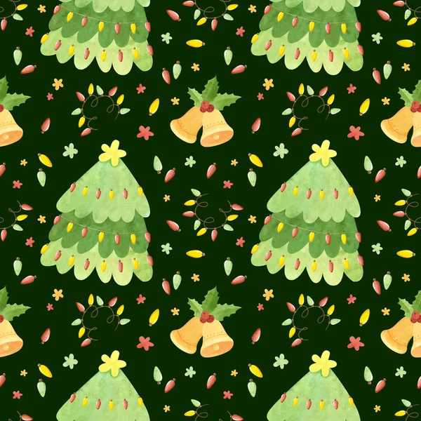 Modèle Sans Couture Avec Des Arbres Noël Cloches Jingle Feuilles — Photo