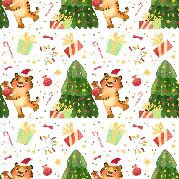 サンタの帽子の幸せな虎はクリスマスツリーを飾る 新しい2022のシンボル 面白い冬の背景 — ストック写真