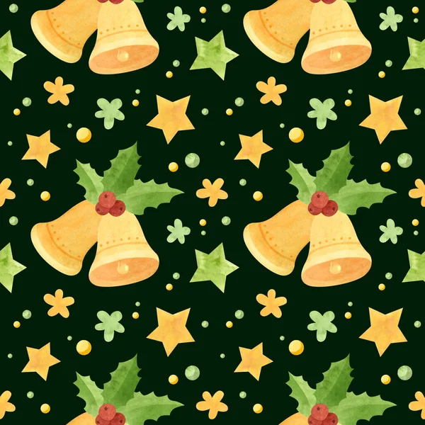 ジングルベルとホリーの葉とクリスマスシームレスなパターン 暗い背景に休日のデジタルペーパー — ストック写真