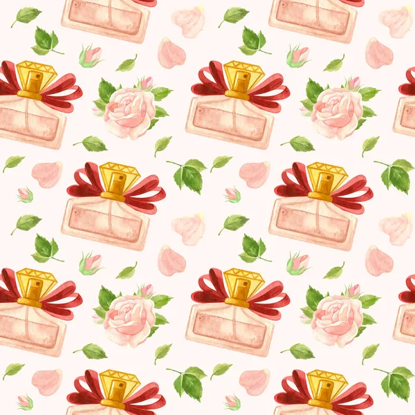 Płynny Wzór Perfumami Różowymi Różami Akwarela Moda Clipart Różowym Tle — Zdjęcie stockowe