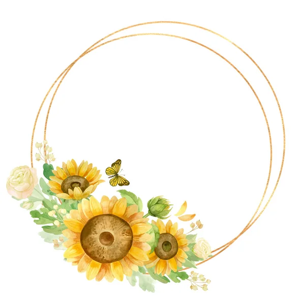 Rond Gouden Frame Met Zonnebloemen Witte Rozen Vlinders Sjabloon Voor — Stockfoto