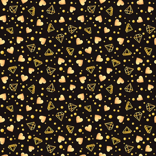 Απρόσκοπτη Μοτίβο Χρυσά Αστέρια Και Καρδιές Διαμαντένια Κλίμακα Υδατογραφίας Σκούρο — Φωτογραφία Αρχείου