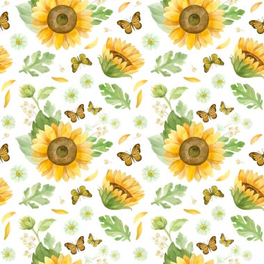 Ayçiçekleri, beyaz güller ve kasımpatılar. Çiçeksiz desenler. Beyaz arkaplanda suluboya klibiName