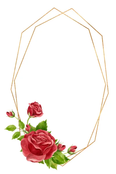 Pionowa Rama Czerwonymi Różami Złotą Geometryczną Ramą Szablon Kwiatowy Zaproszenia — Zdjęcie stockowe