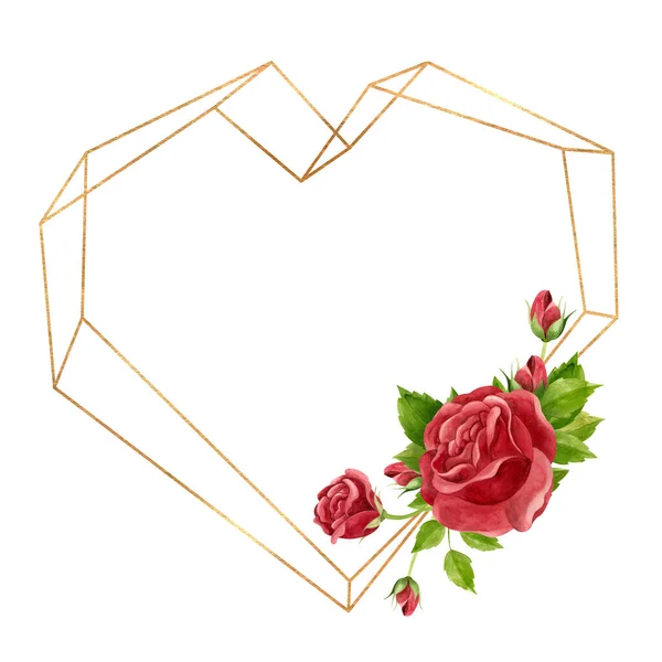 Srdeční Rám Červenými Růžemi Zlatým Geometrickým Rámem Květinová Šablona Pro — Stock fotografie