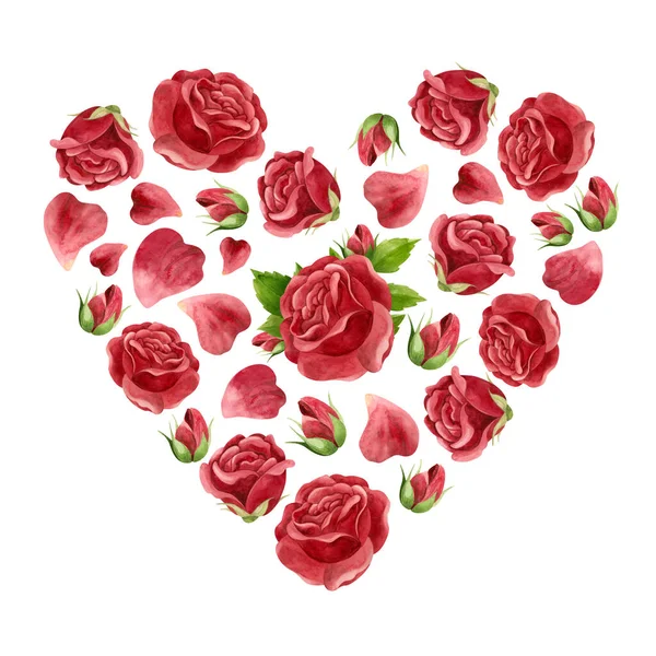 Κόκκινη Καρδιά Τριαντάφυλλα Λουλούδια Μπουμπούκια Και Πέταλα Floral Πρότυπο Για — Φωτογραφία Αρχείου