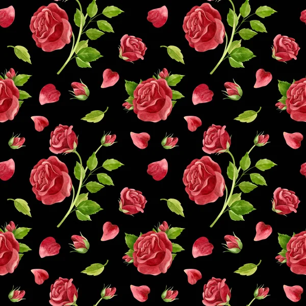 Kırmızı Güller Dikişsiz Desen Çiçekler Tomurcuklar Gül Yaprakları Siyah Arka — Stok fotoğraf