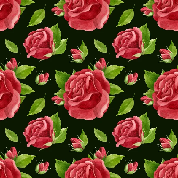 Rode Rozen Naadloos Patroon Bloemen Knoppen Rozenblaadjes Bloemenpatroon Zwarte Achtergrond — Stockfoto