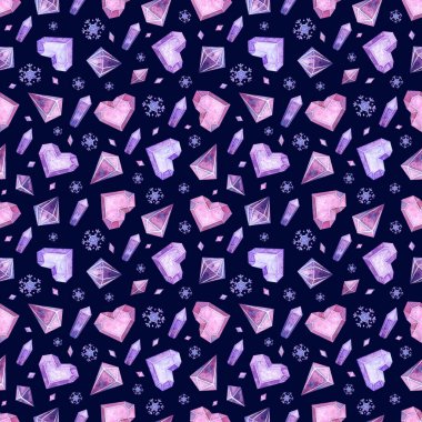 Pembe buzlu kalpleri, kar taneleri ve kristalleri olan kusursuz bir desen. Sevgililer Günü, Violet Romantik suluboya çizimleri koyu arkaplanda