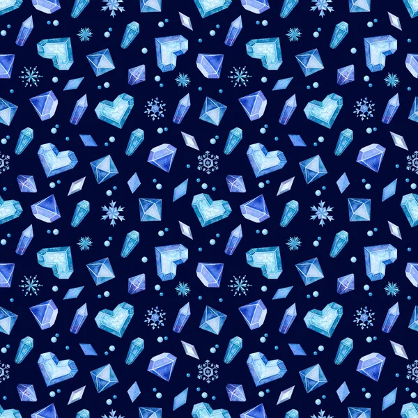 Padrão Sem Costura Com Corações Blue Icy Flocos Neve Cristais — Fotografia de Stock