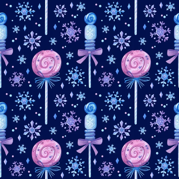 Naadloos Patroon Met Ijslolly Bevroren Snoepjes Sneeuwvlokken Roze Blauw Paars — Stockfoto