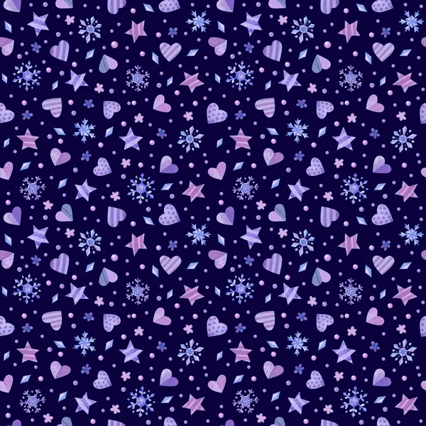 Padrão Sem Costura Com Corações Roxos Rosa Violeta Estrelas Flocos — Fotografia de Stock