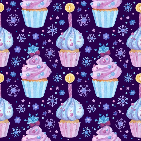 Seamless Pattern Birthday Cupcakes Frozen Sweets Ice Snowflakes Pink Purple — Stock Photo, Image