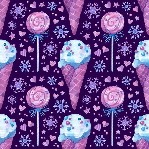 Бесшовный Узор Мороженым Леденцами Замороженными Сладостями Снежинками Розовая Фиолетовая Еда — стоковое фото