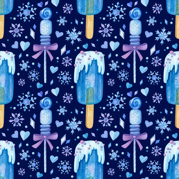 Donmuş Lolipoplar Dondurma Lolipop Kar Taneleriyle Kusursuz Desen Koyu Arkaplanda — Stok fotoğraf
