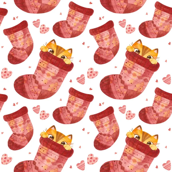 Nahtloses Muster Mit Süßer Katze Die Sich Wollsocken Versteckt Entzückende — Stockfoto