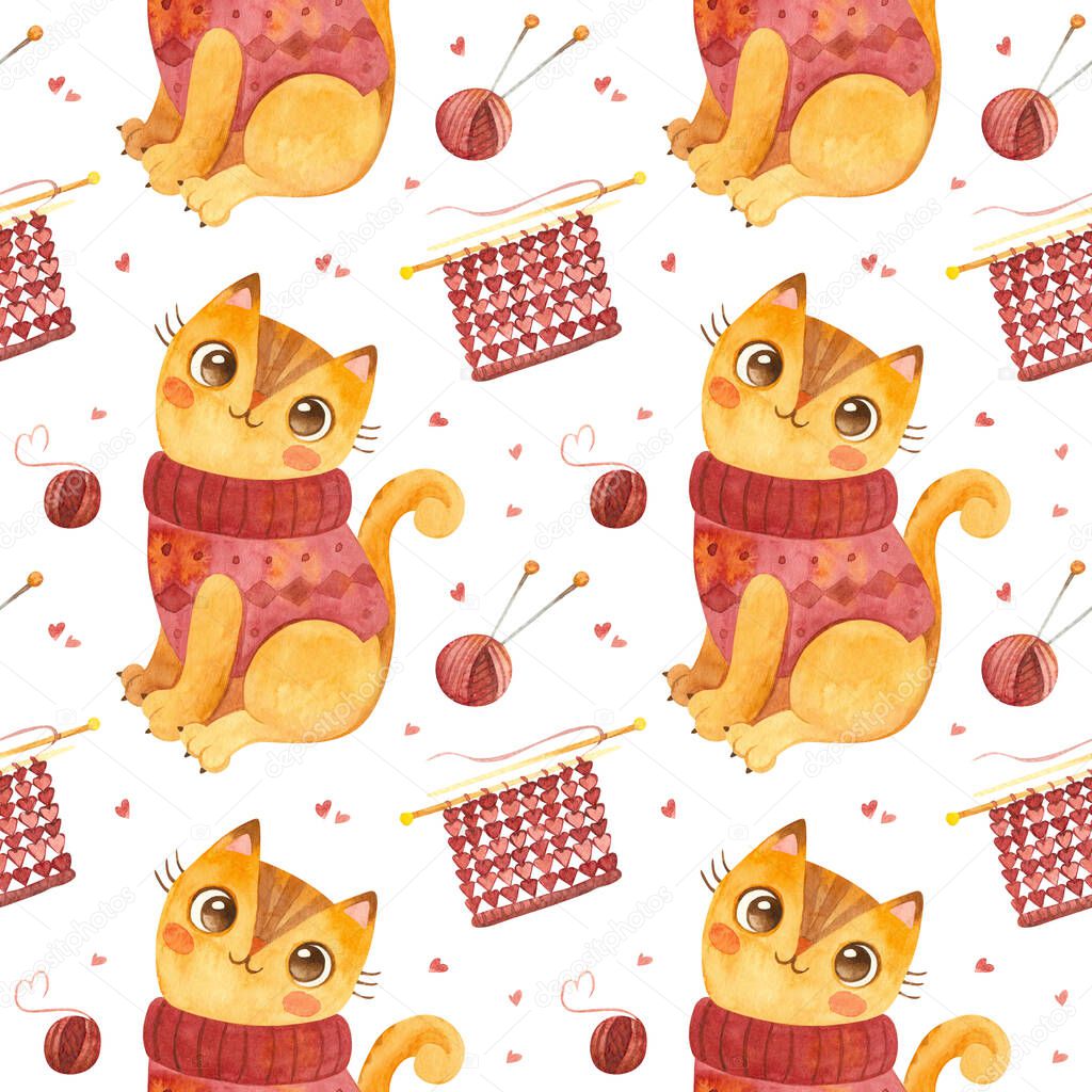 Seamless pattern with cute cat in a knitted sweater. Adorable kitten character and knitting or crochet accessories. Watercolor illustrations on white background.