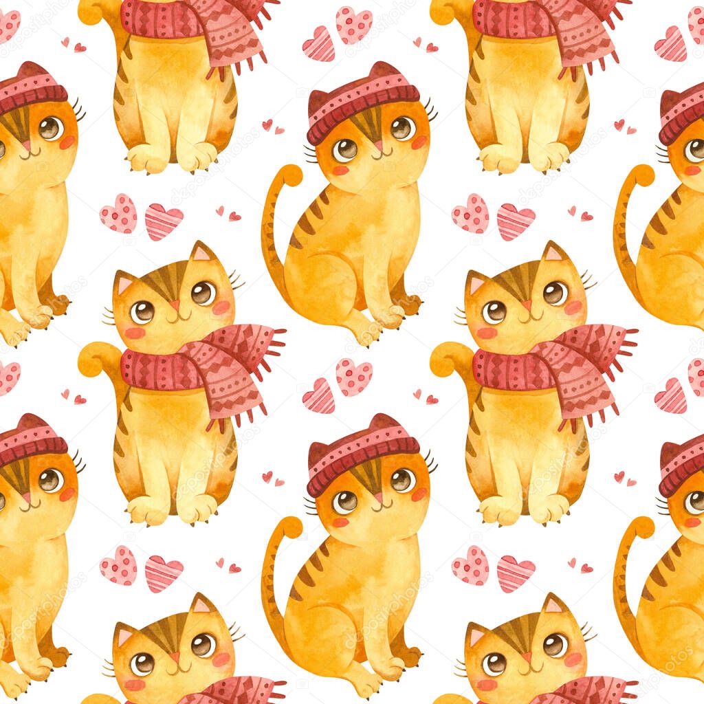 Seamless pattern with cute cats in the scarf and  hat. Adorable kitten characters. Watercolor illustrations on white background