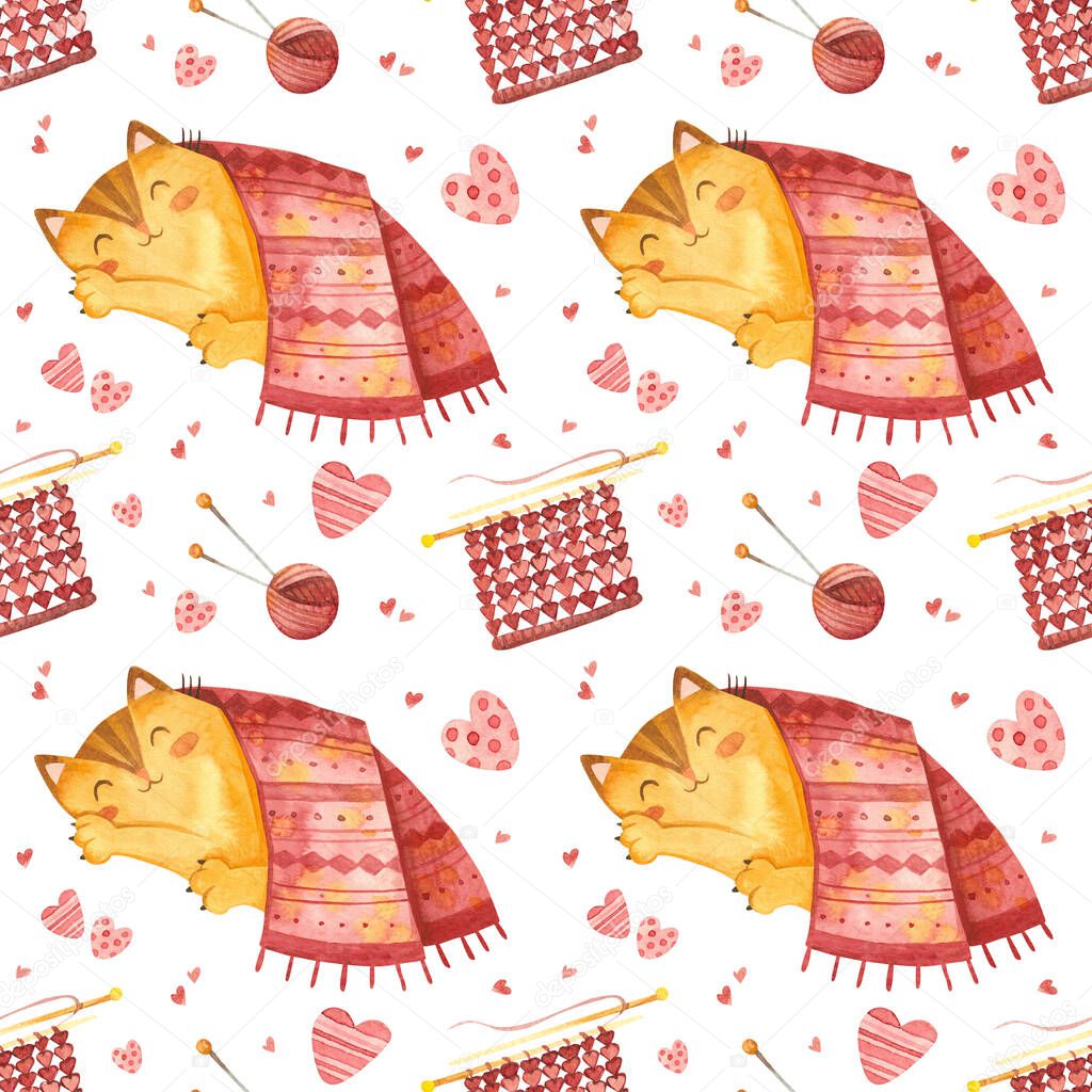 Seamless pattern with cute cat sleeping under a knitted blanket. Adorable kitten character and knitting or crochet accessories. Watercolor illustrations on white background.