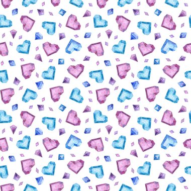 Pembe, mor, mavi buzlu kalpler ve kristallerle kusursuz desen. Sevgililer Günü, beyaz arkaplanda romantik suluboya çizimler
