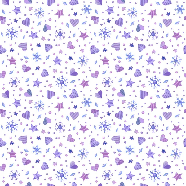 Naadloos Patroon Met Paarse Roze Violette Hartjes Sterren Sneeuwvlokken Aquarel — Stockfoto