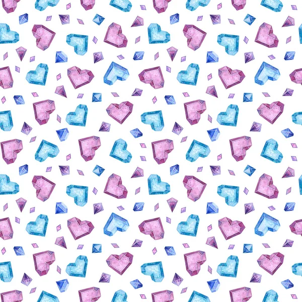 ピンク 青の氷の心と結晶とシームレスなパターン バレンタインデー 白い背景のロマンチックな水彩画のイラスト — ストック写真
